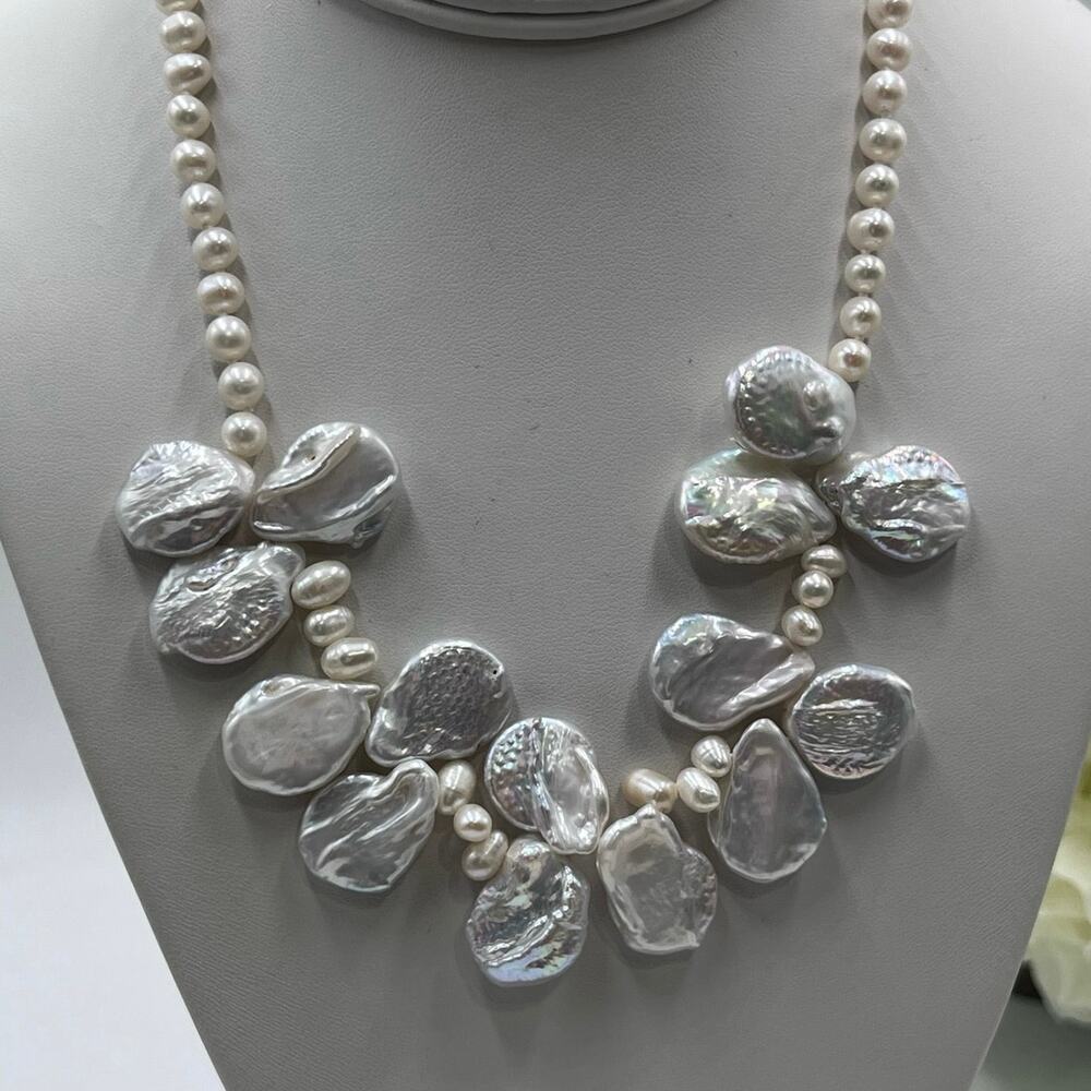 White Keshi Coin Baroque Petal Pearl‎  Freshwater Sterling Silver Clasp Necklace